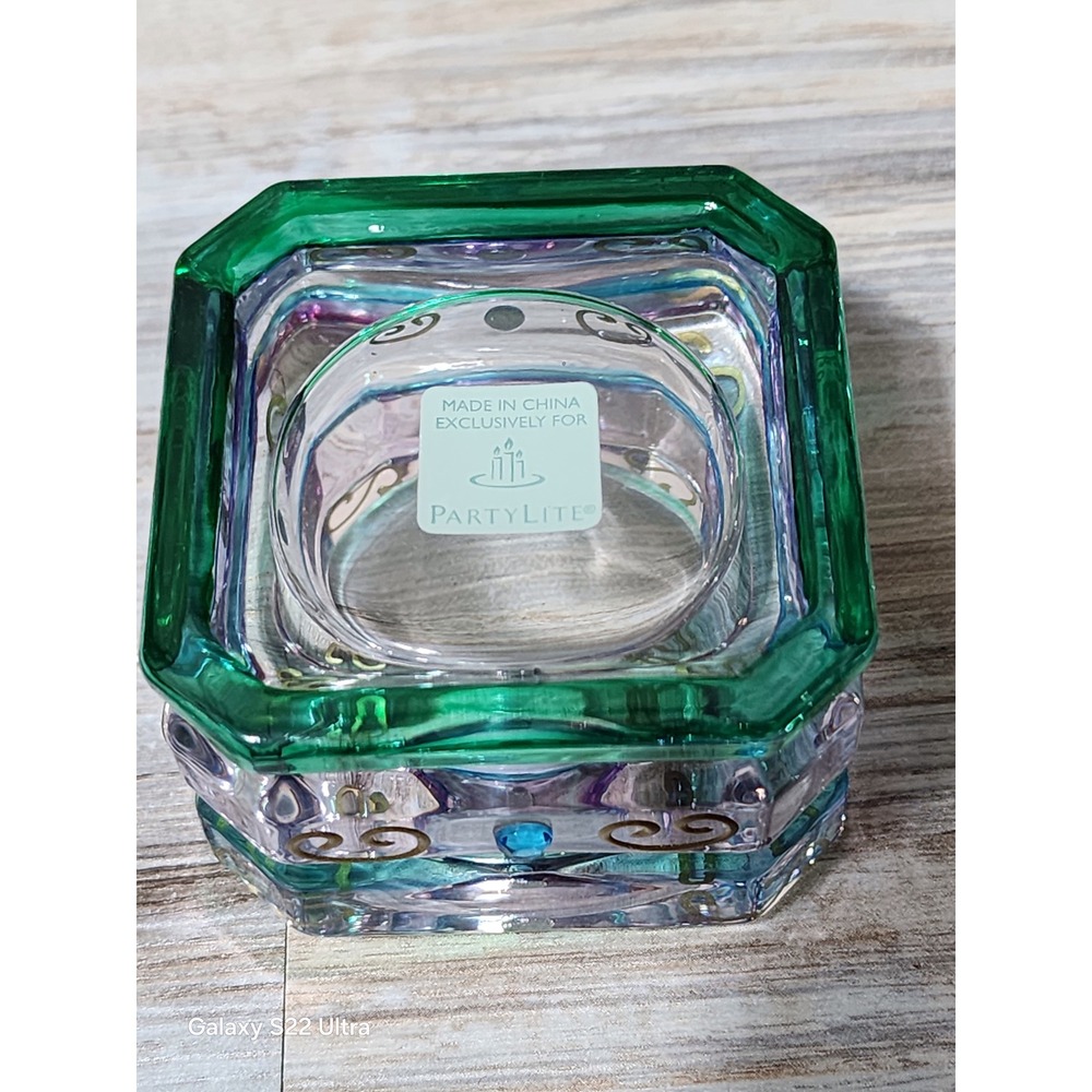 PartyLite Green Purple Glass Tealight Candle Holder Set of 2 Gold Scroll Gem - Picture 4 of 5